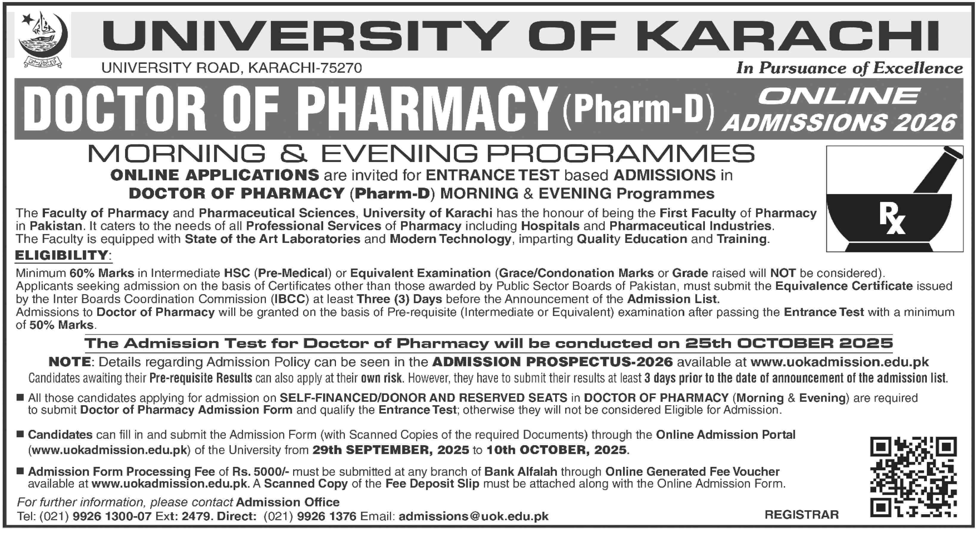 Admission Open in University of Karachi 2